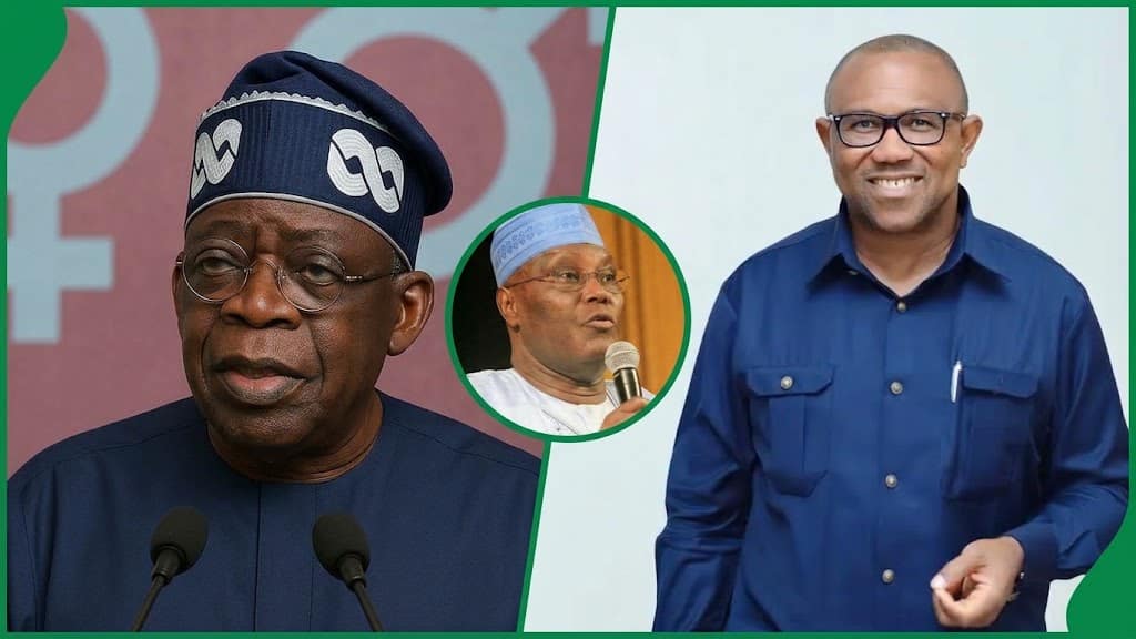 L R President Bola Tinubu Atiku Abubakar and Peter Obi